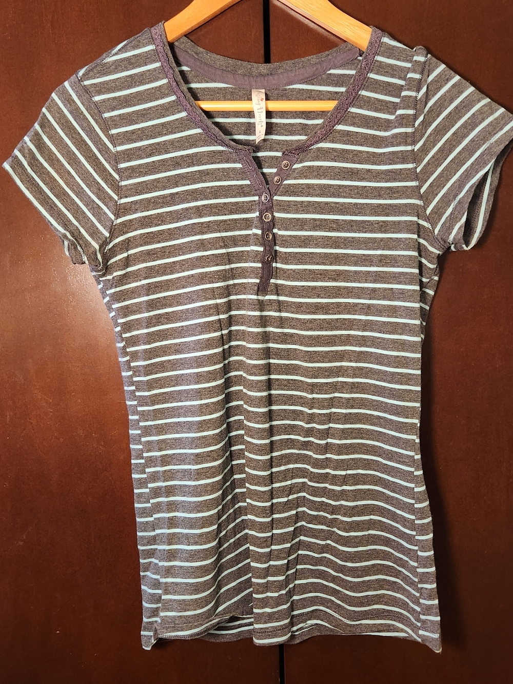Striped Short-Sleeve Henley Tee - Gray & Light Blue Women Size Large Juniors